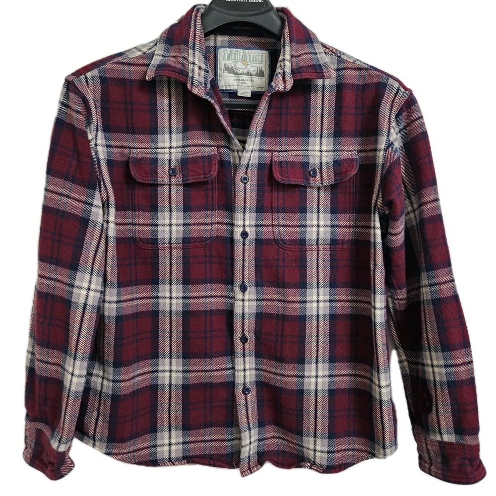 American Eagle Flannel Shirt Men L Burgundy Plaid Button Down Heavy Cotton L/S*